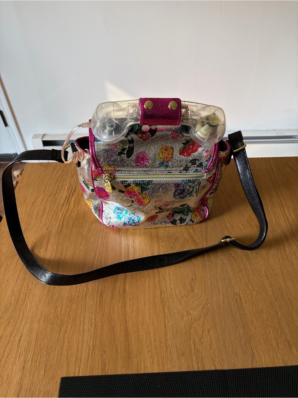 Betsey Johnson Silver Floral Crossbody with Pink Trim and Clear Handset Accent - Picture 3 of 4